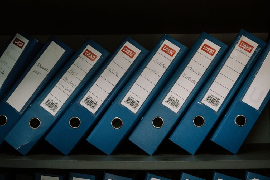 A photo of a well-organized filing system for claim documents. — documentation for injury claims