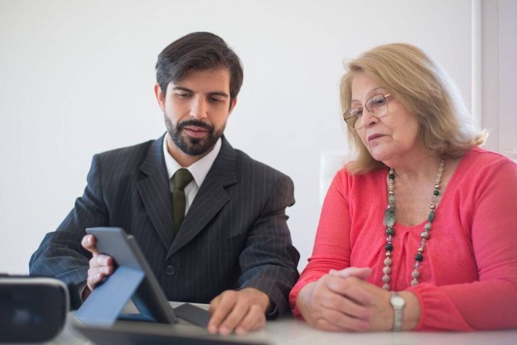 A graphic of a person consulting a legal professional for advice related to mistakes using injury claim calculator